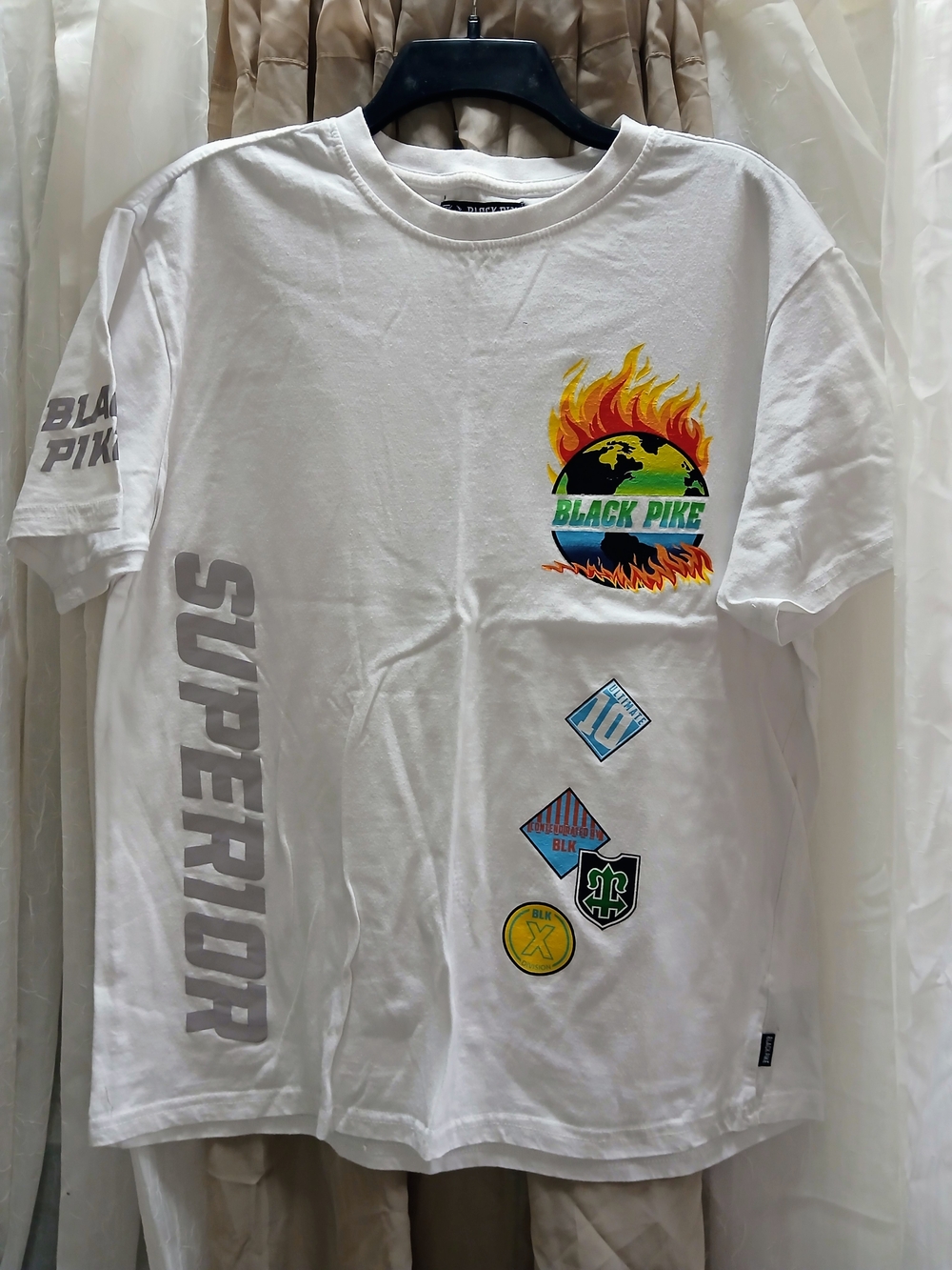 White 'Black Pike' Graphic Tee with Flame Globe